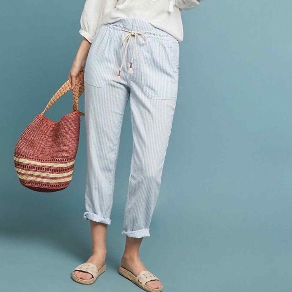 Anthropologie Light Blue Pinstripe Cropped Drawstring Pants